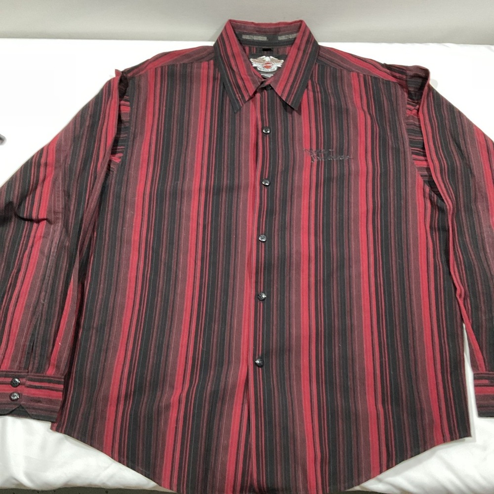 Harley Davidson Shirt L Red Black Striped Long Sleeve Motorcycle Biker Y2K‎ G6